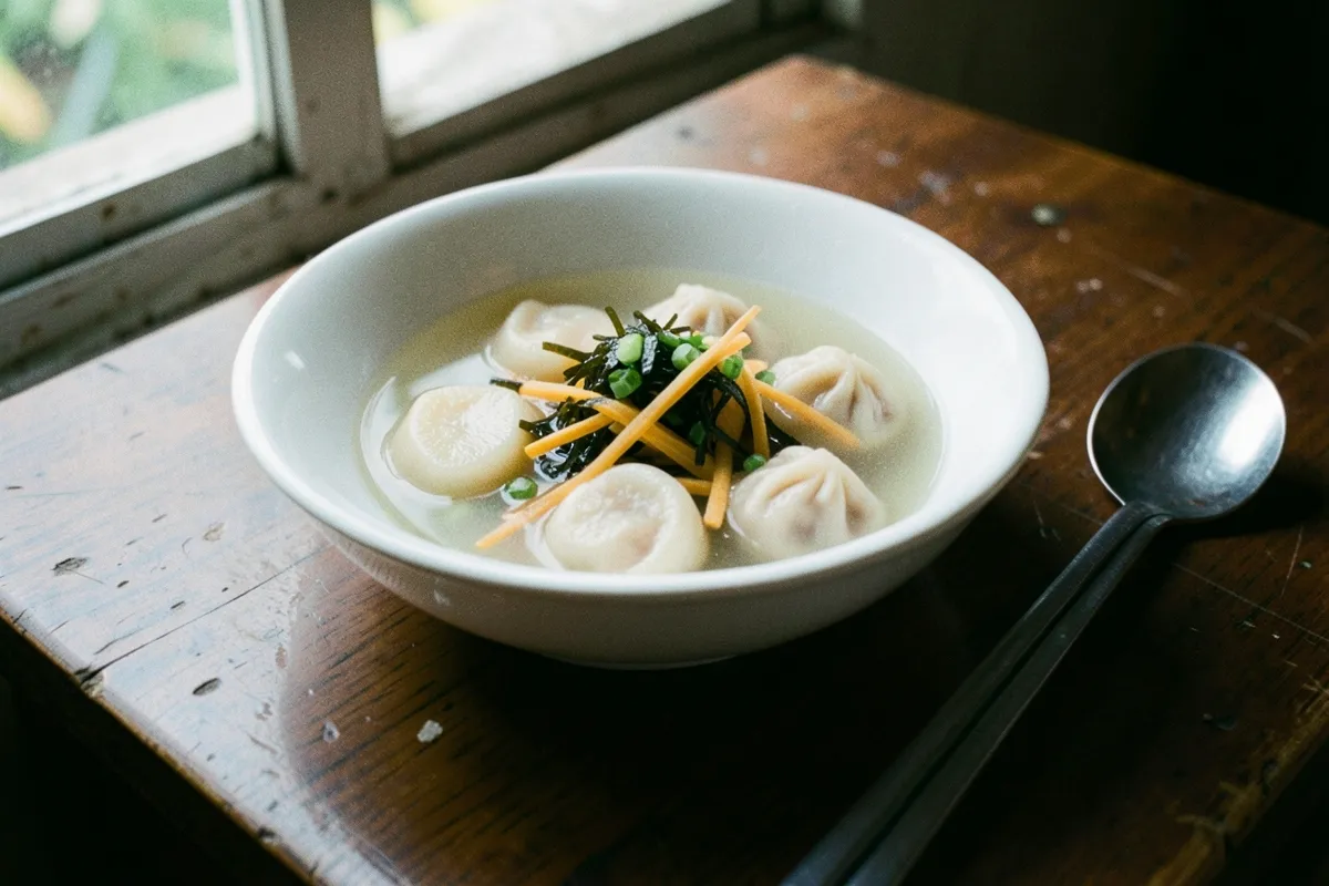 Một bát canh bánh gạo trắng với sủi cảo, rong biển và hành lá đặt trên bàn gỗ tối cạnh thìa và đũa kim loại, ánh sáng cửa sổ