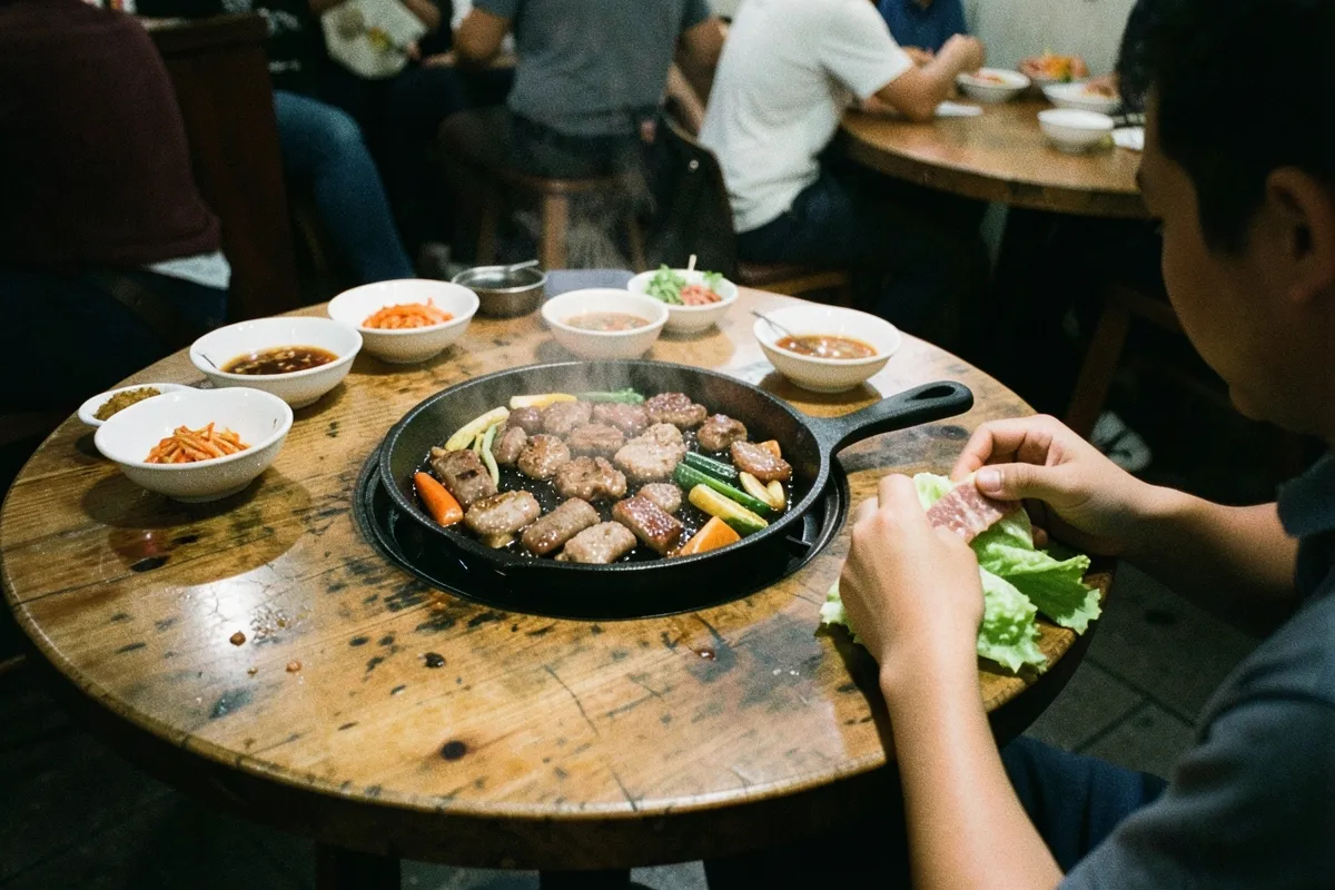 Một người ngồi bên bàn nướng tròn giữa quán ăn, tay cuốn thịt với rau xà lách, xung quanh nhiều bát nhỏ và khói bốc lên