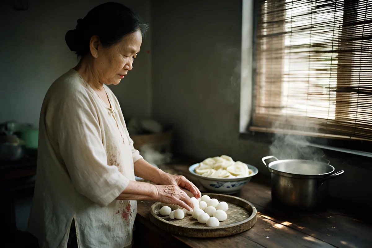 Một bà lớn tuổi đứng bên bàn gỗ trong bếp, hai tay lăn những viên bột tròn trắng trên khay