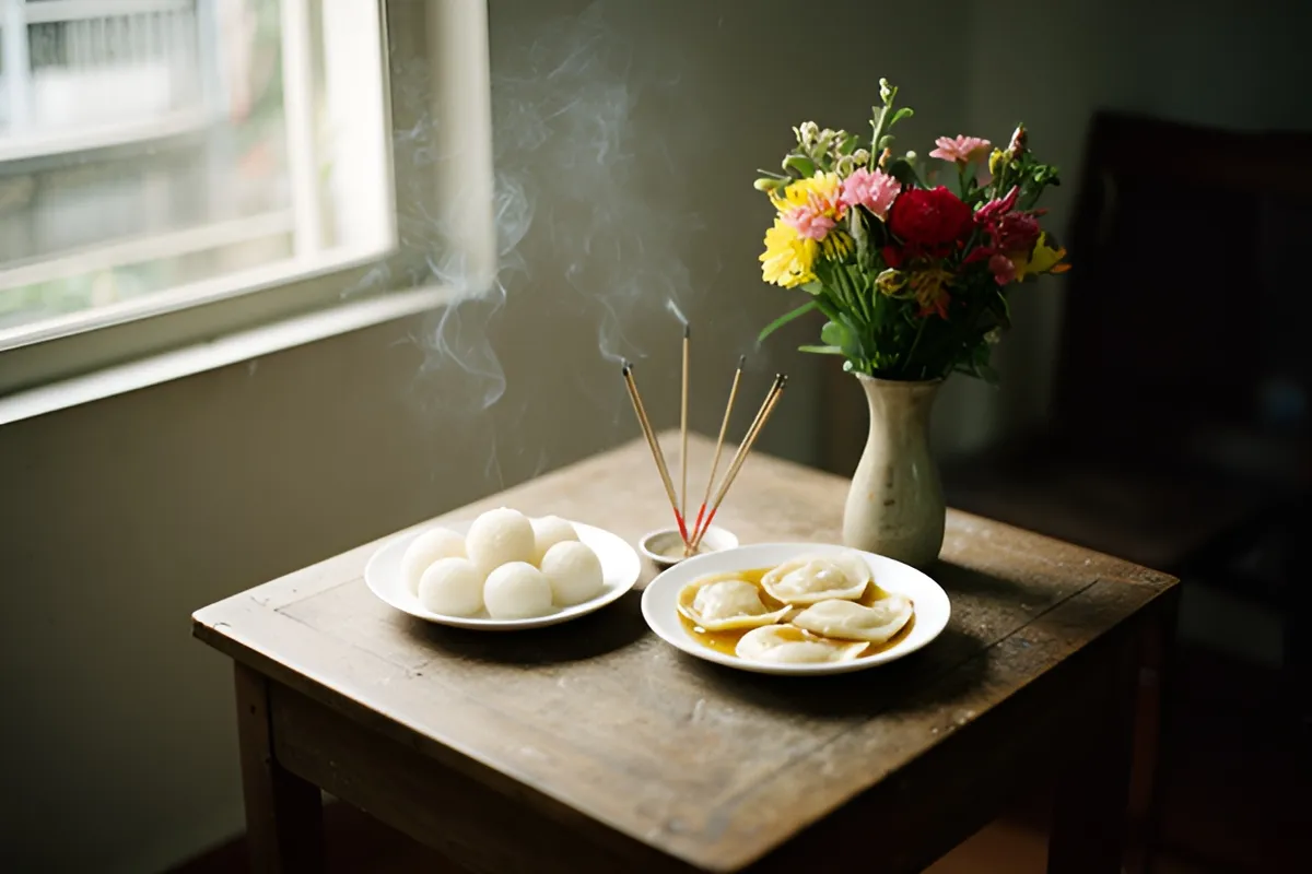 Bàn gỗ nhỏ đặt hai đĩa bánh trôi bánh chay, một bát nhang đang tỏa khói, cạnh bình gốm cắm hoa tươi