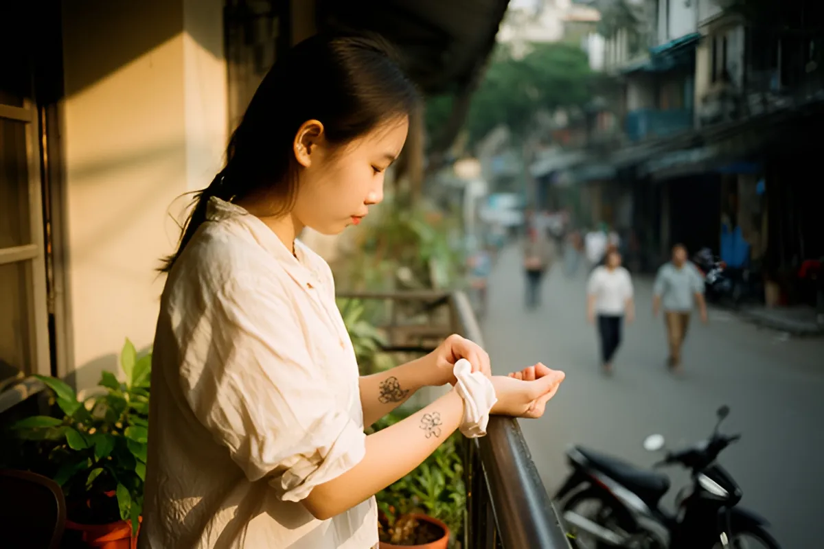 Một cô gái trẻ đứng nghiêng trên ban công, cúi nhìn tay mình đang kéo tay áo, tay vịn lan can, cây xanh và xe máy dưới phố