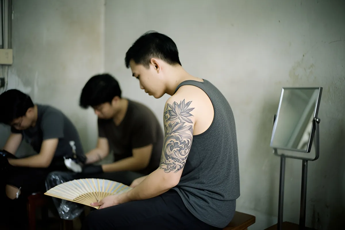 Một thanh niên ngồi trên ghế thấp, nhìn xuống cánh tay có hình xăm hoa và sóng, tay cầm quạt giấy