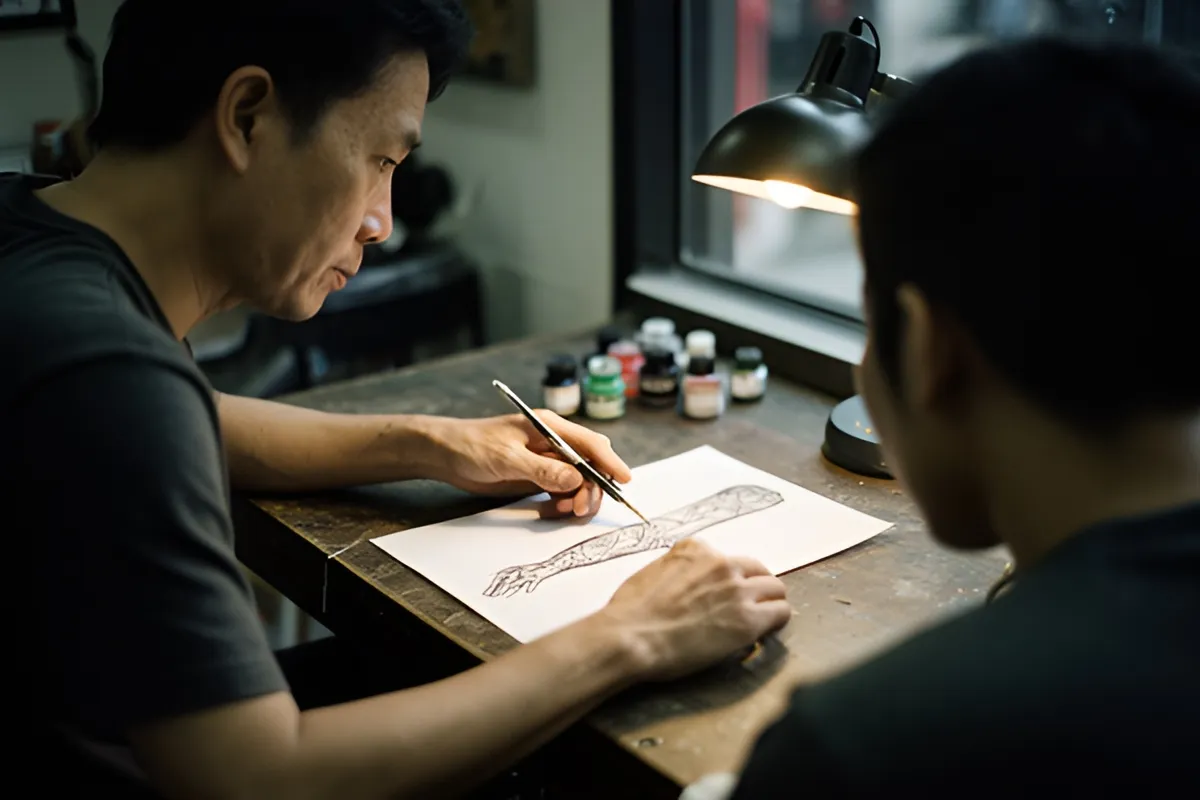 Một người đàn ông ngồi cạnh bàn, cầm bút chỉ vào hình vẽ cánh tay trên giấy, đối diện là người khác ngồi quay lưng