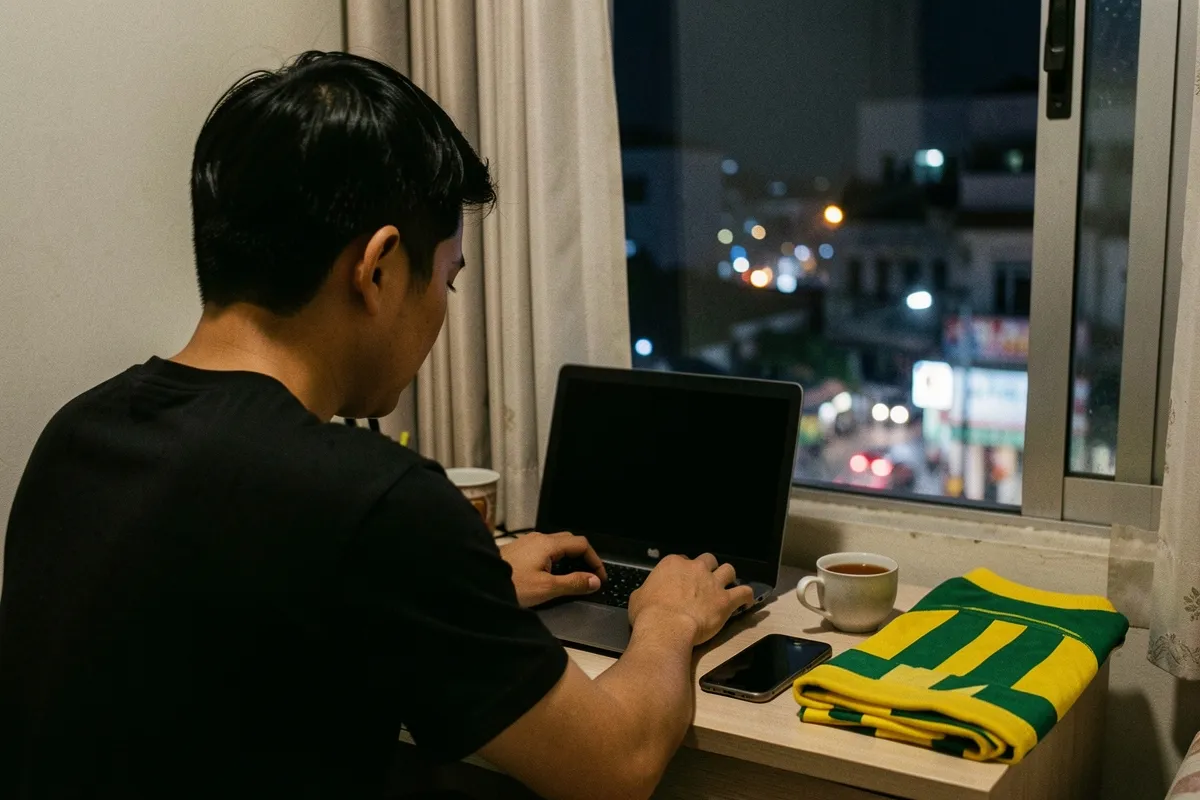 Một người đàn ông ngồi quay lưng trước bàn, tay trên laptop, bên cạnh cốc trà và khăn vàng xanh, đèn phố mờ qua cửa sổ