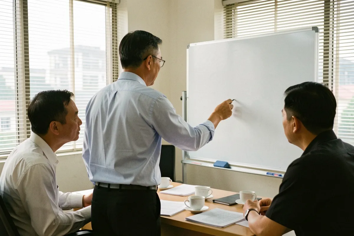 Ba người trong phòng họp, một người đứng chỉ lên bảng trắng, hai người ngồi bên bàn có cốc và giấy