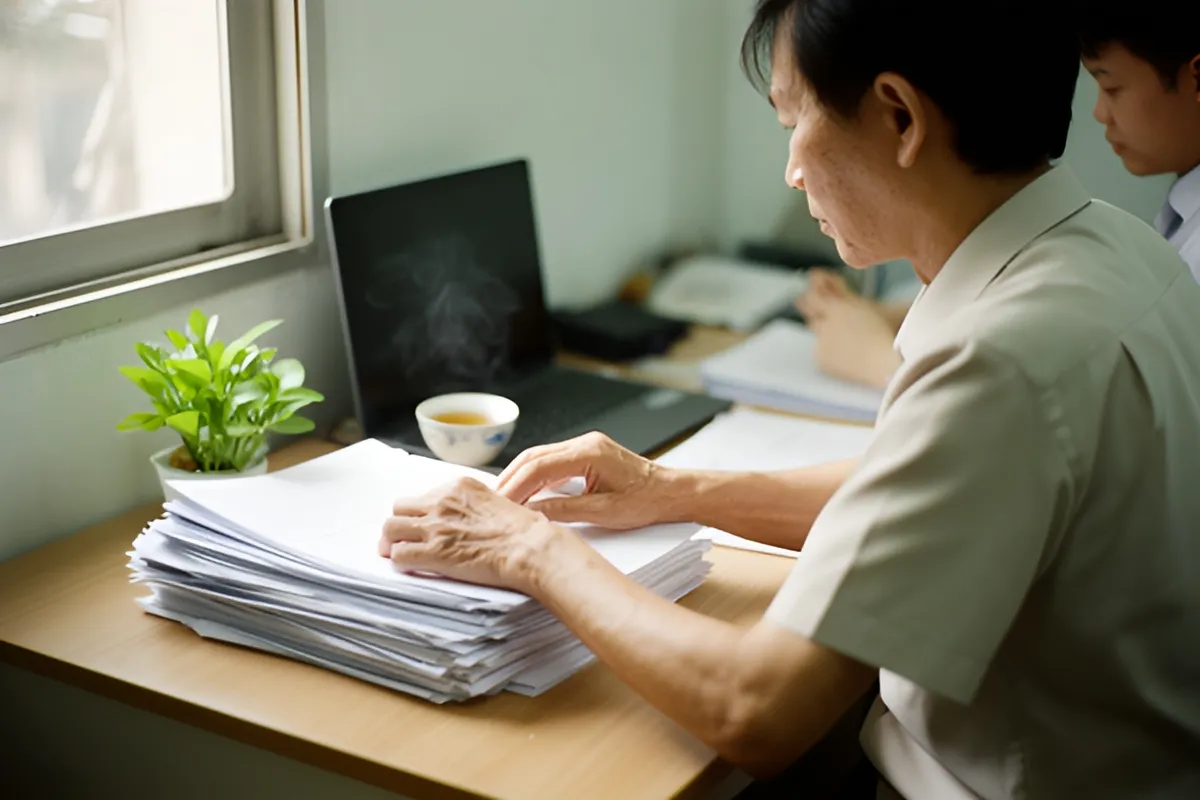 Một người đàn ông trung niên ngồi bàn làm việc, tay sắp xếp chồng giấy tờ, bên cạnh laptop tắt, chén trà và chậu cây nhỏ