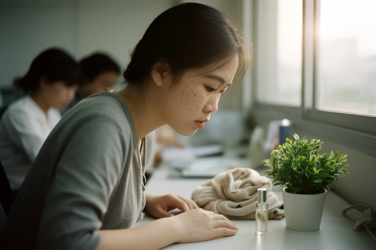 Một người phụ nữ ngồi nghiêng người nhìn xuống chai nhỏ trên bàn cạnh chậu cây nhỏ, ánh sáng chiều từ cửa sổ