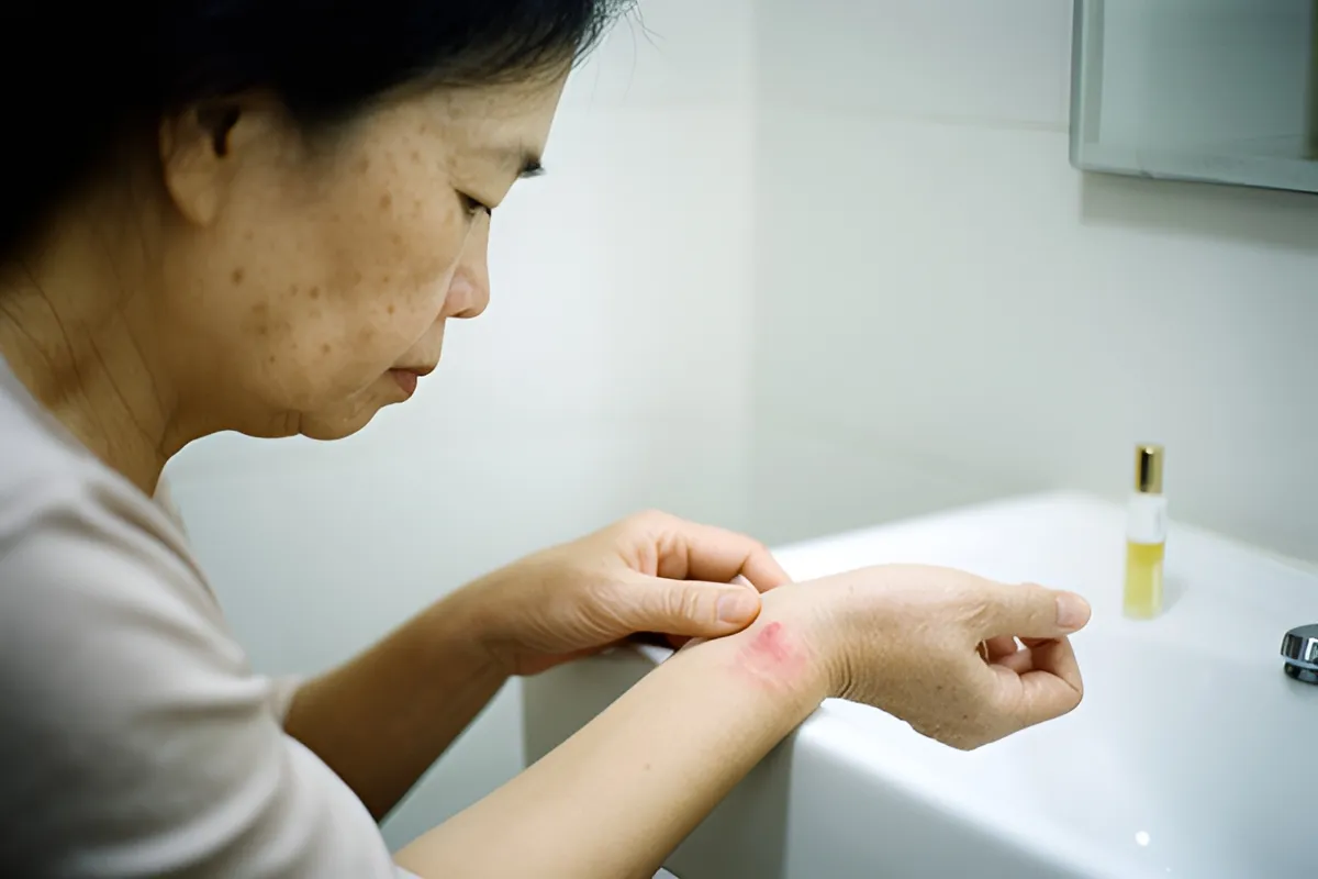 Một người phụ nữ trung niên nhìn xuống cổ tay mình có vệt đỏ, tay kia chạm nhẹ vào, cạnh chậu rửa trắng có một lọ dầu nhỏ