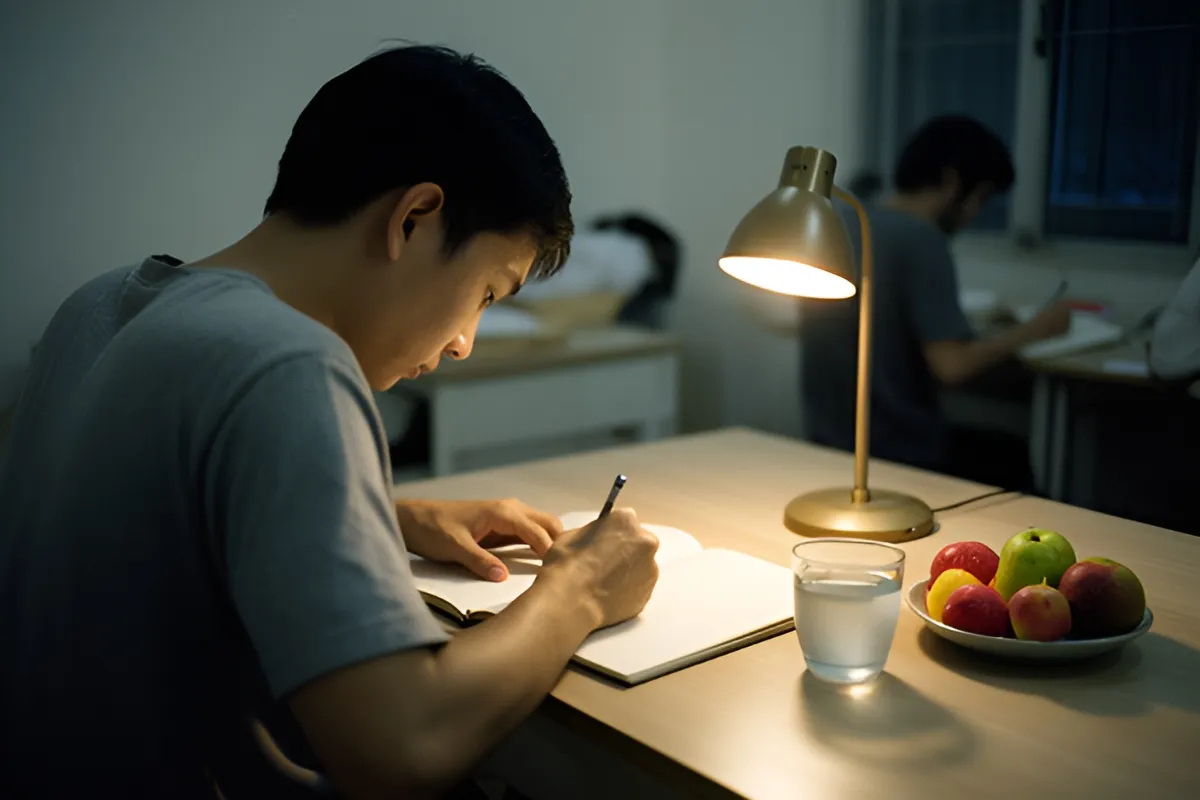 Người đàn ông áo xám cúi đầu viết vào cuốn sổ trên bàn, bên cạnh là đèn bàn, cốc nước và đĩa trái cây