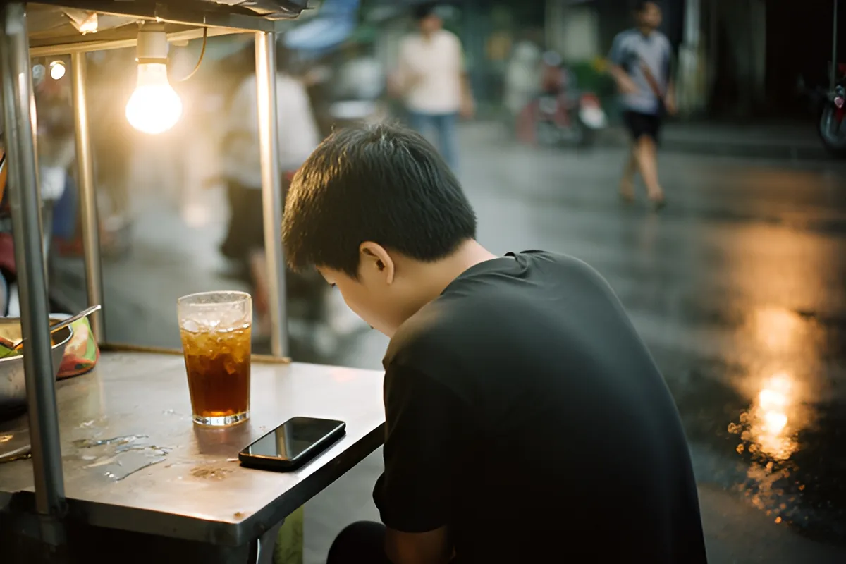 Một người trẻ mặc áo đen cúi đầu ngồi bên bàn kim loại có ly trà đá và điện thoại, nền là đường ướt phản chiếu ánh đèn tối