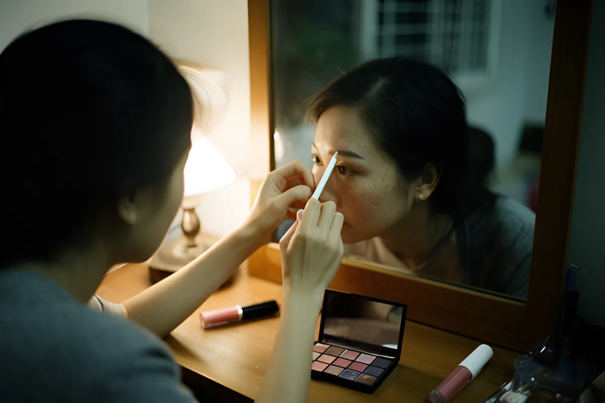 Một phụ nữ trẻ ngồi trước bàn trang điểm, soi gương kẻ mày bằng bút, trên bàn có hộp phấn mắt và son bóng