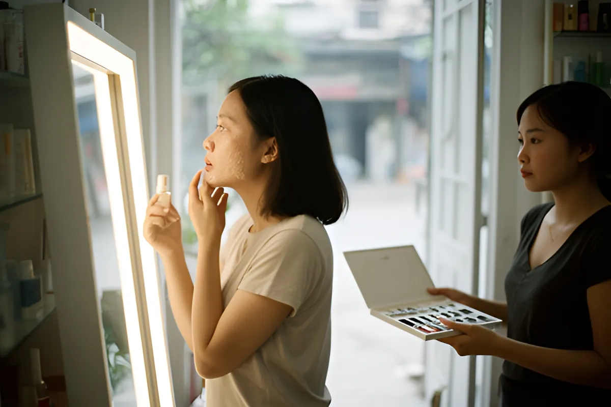 Hai người phụ nữ trong một cửa hàng nhỏ, một người đứng trước gương thoa sản phẩm lên má, người kia bưng hộp bảng màu mở