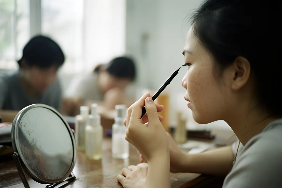 Một phụ nữ trẻ ngồi nghiêng người trước gương tròn trên bàn gỗ, tay cầm bút kẻ mắt gần mắt, vài chai mỹ phẩm đặt trên bàn