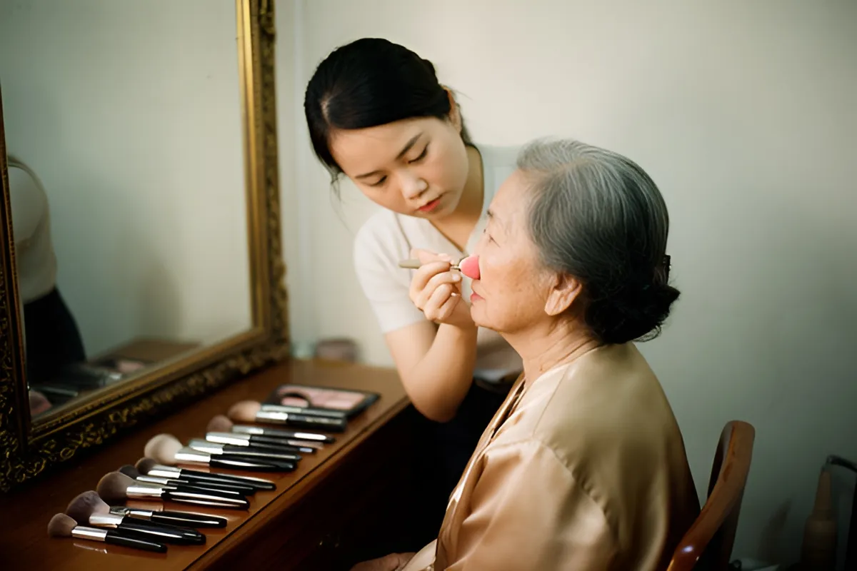 Một người phụ nữ trẻ đang cầm cọ trang điểm cho bà cụ tóc bạc ngồi trước gương, bàn gỗ xếp nhiều cây cọ, ánh sáng chiều dịu