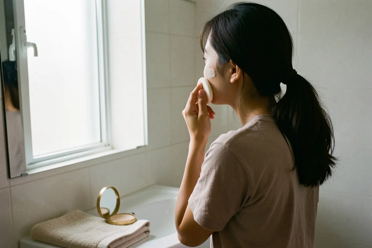 Cô gái tóc đuôi ngựa đứng trước gương phòng tắm, dùng bông phấn dặm kem lên má, cạnh hộp phấn mở trên khăn, ánh sáng mờ