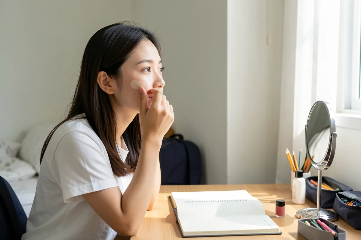 Một cô gái trẻ ngồi bên bàn, nghiêng mặt chấm kem lên má bằng đầu ngón tay, trước mặt có sổ mở, gương nhỏ và hộp bút