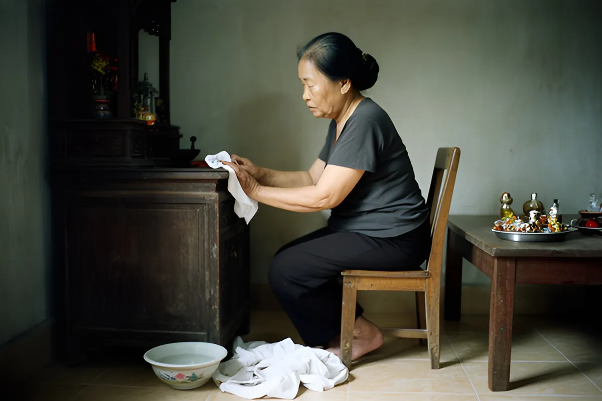 Một phụ nữ lớn tuổi quỳ gối trên ghế gỗ, dùng khăn trắng lau chùi chiếc tủ thờ bằng gỗ trong phòng khách