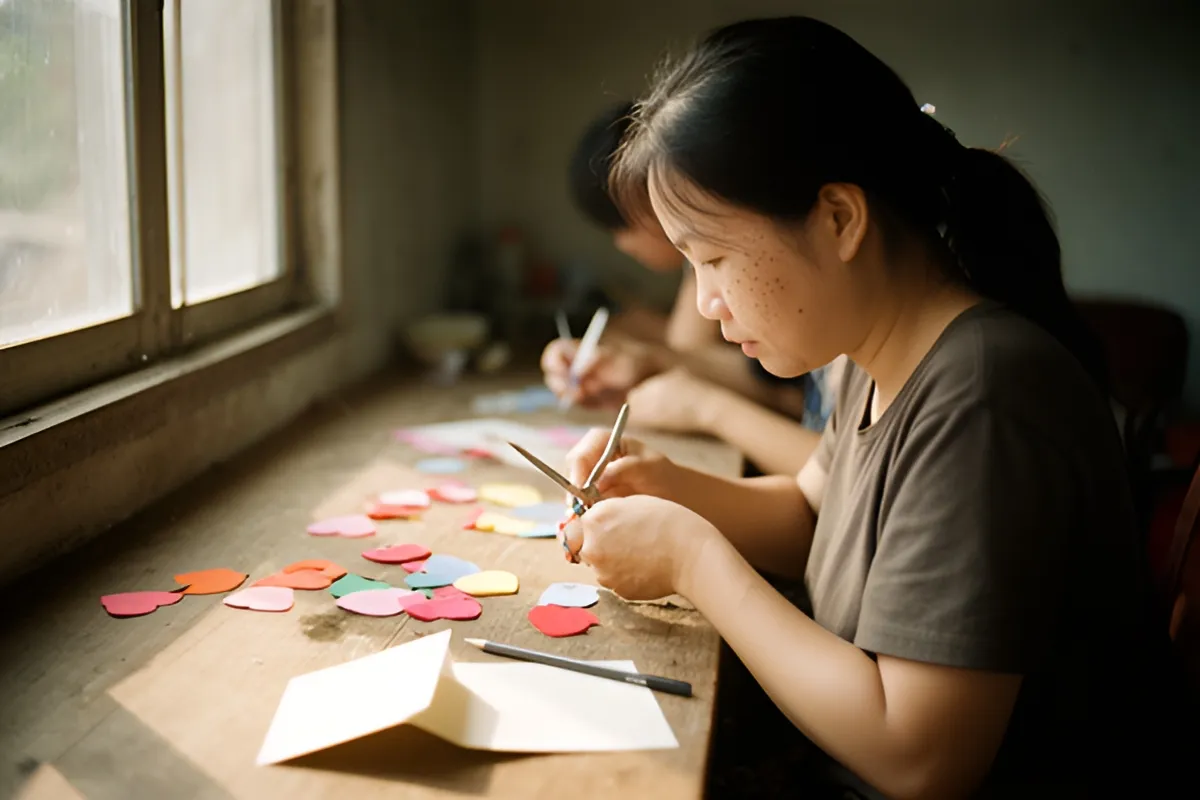 Một phụ nữ trẻ ngồi cạnh cửa sổ, cầm kéo cắt giấy màu thành hình trái tim