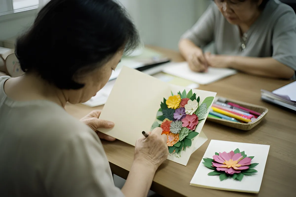 Hai người phụ nữ ngồi bàn gỗ dưới ánh sáng ban ngày, người gần cúi đầu viết vào tấm thiệp mở trang trí hoa giấy