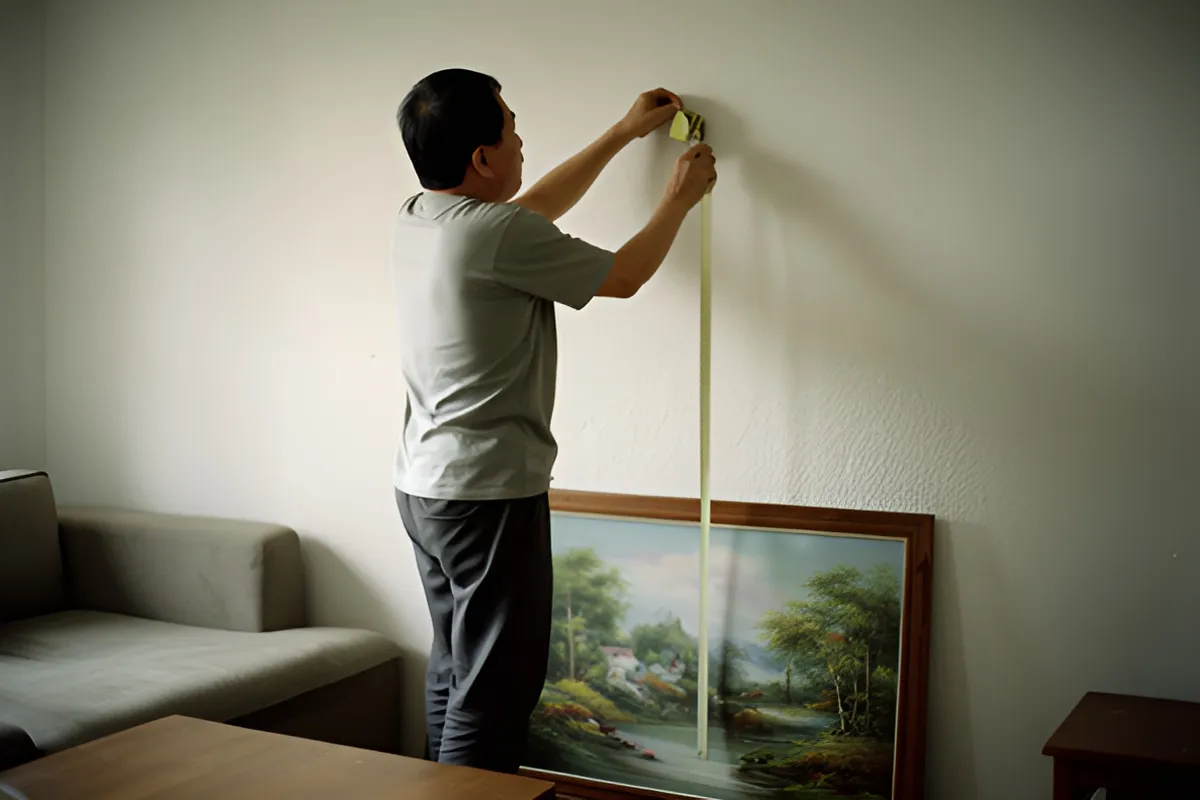 Một người đàn ông đứng quay lưng về phía máy, giơ thước dây đo lên tường trong phòng khách