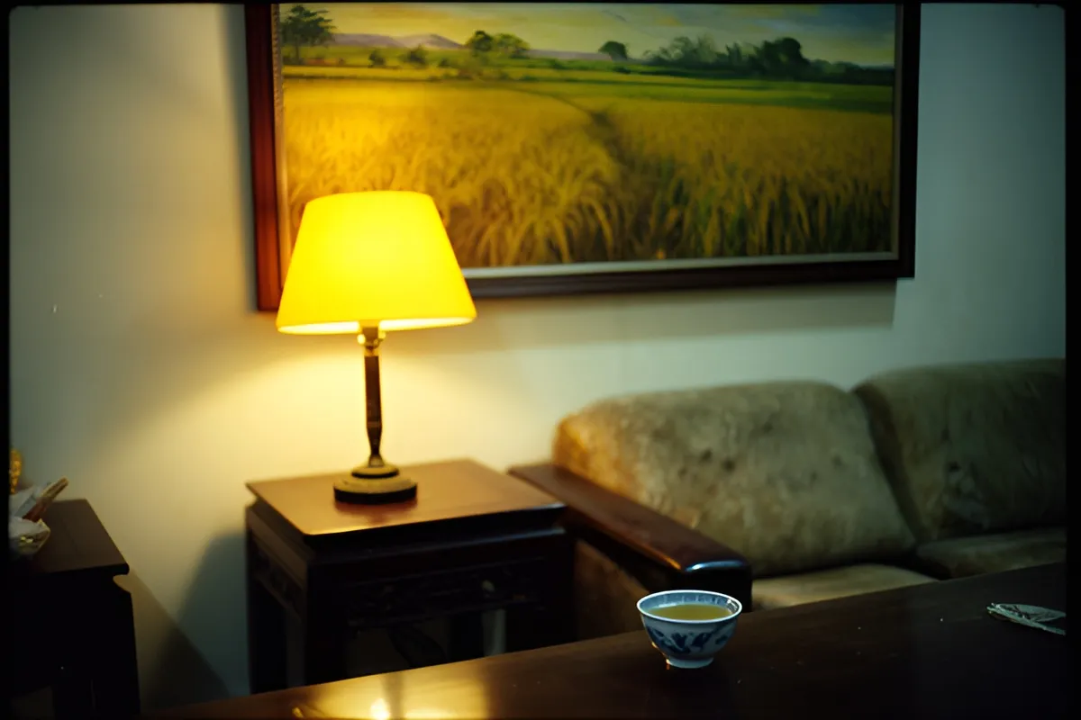 Phòng khách chiều muộn với đèn bàn sáng vàng, bức tranh đồng lúa treo trên tường, ghế sofa và chén trà trên bàn gỗ