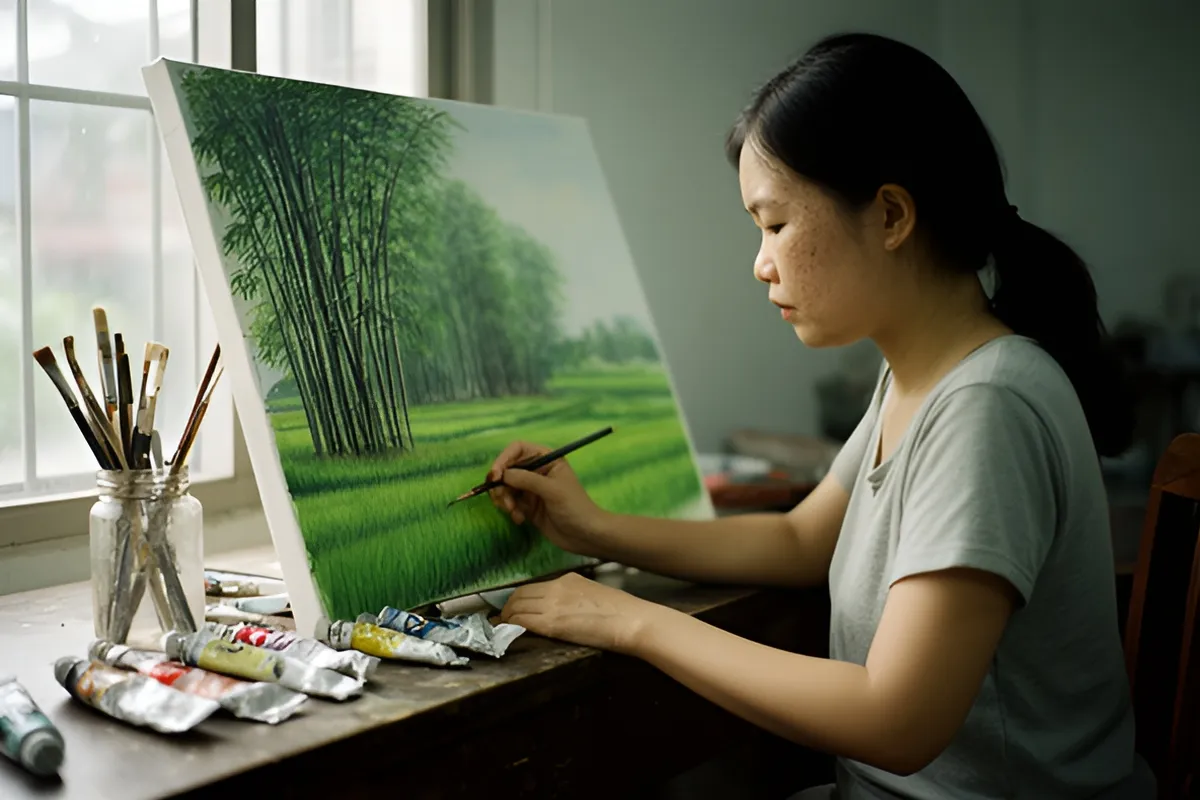 Một người phụ nữ ngồi nghiêng bên bàn gỗ gần cửa sổ sáng, tay cầm cọ vẽ vào tấm tranh phong cảnh xanh