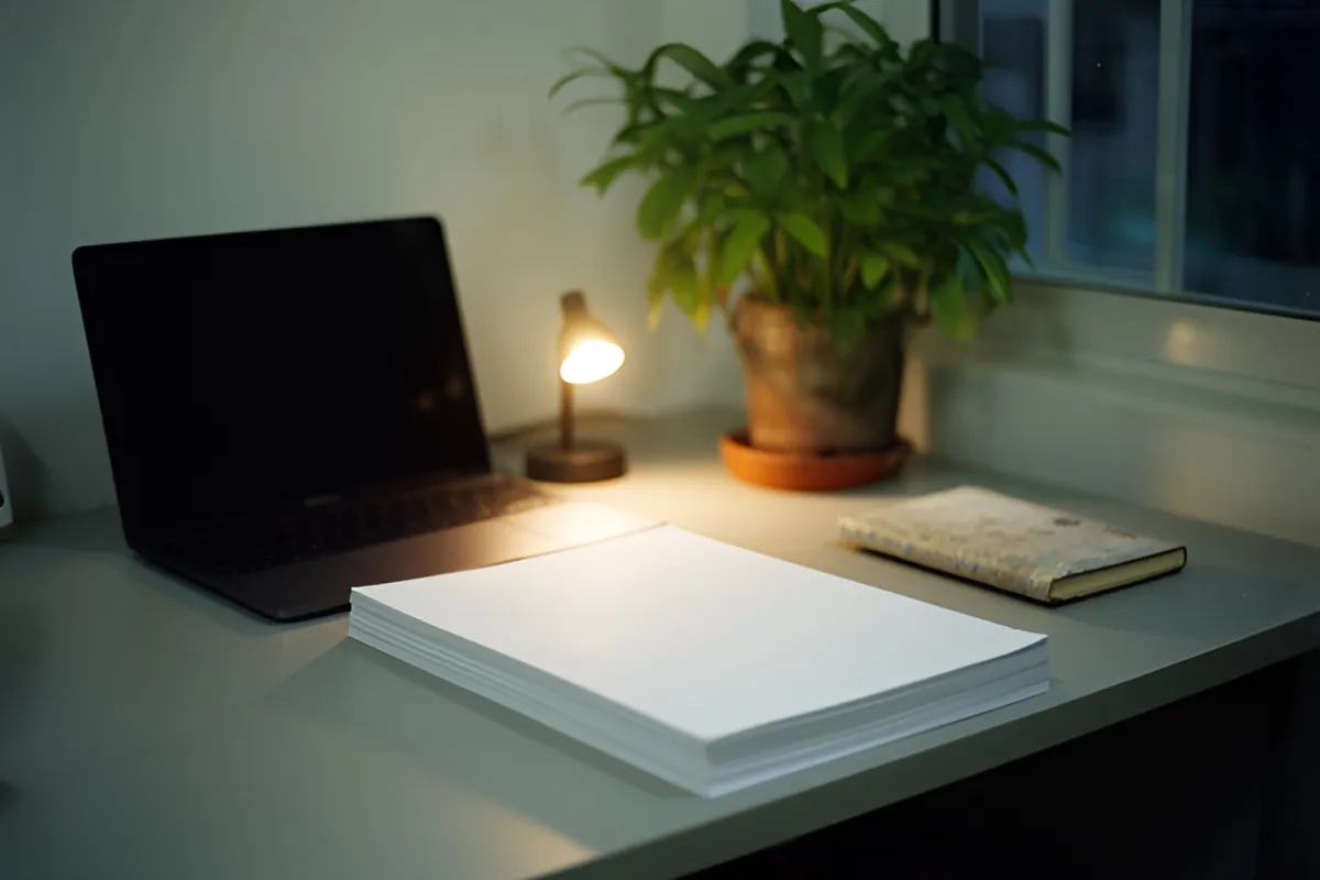 Một góc bàn làm việc tối với laptop mở, đống giấy trắng, quyển sổ nhỏ, đèn nhỏ đang sáng và chậu cây xanh cạnh cửa sổ