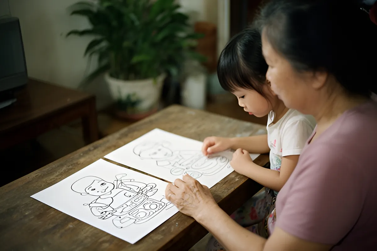 Một người phụ nữ lớn tuổi và một bé gái ngồi bên bàn gỗ thấp, cùng nhìn hai tờ giấy vẽ nét đen trắng