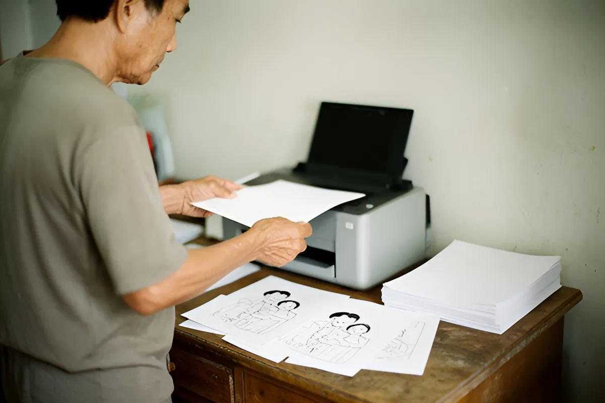 Một người đàn ông lớn tuổi đứng cạnh bàn gỗ, hai tay cầm tờ giấy trắng đặt vào máy in