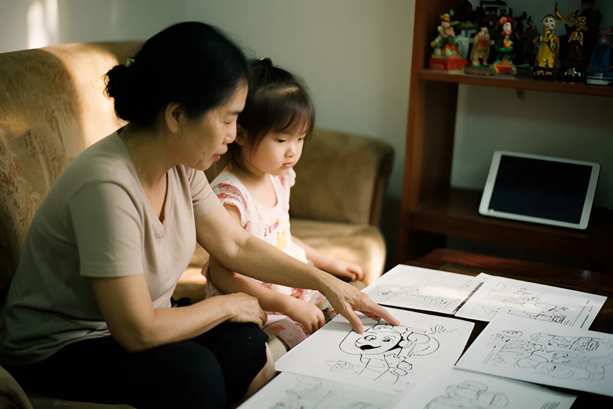Một người phụ nữ lớn tuổi và một bé gái ngồi trên ghế sofa, cùng xem các tờ giấy vẽ trải trên bàn