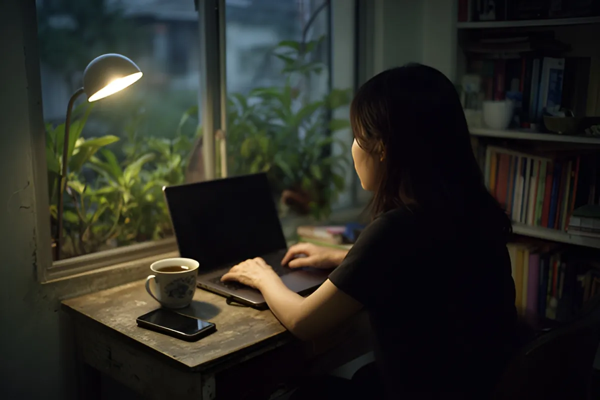Một người phụ nữ ngồi quay lưng lại gõ bàn phím laptop trên bàn gỗ cũ cạnh cửa sổ, có đèn sáng