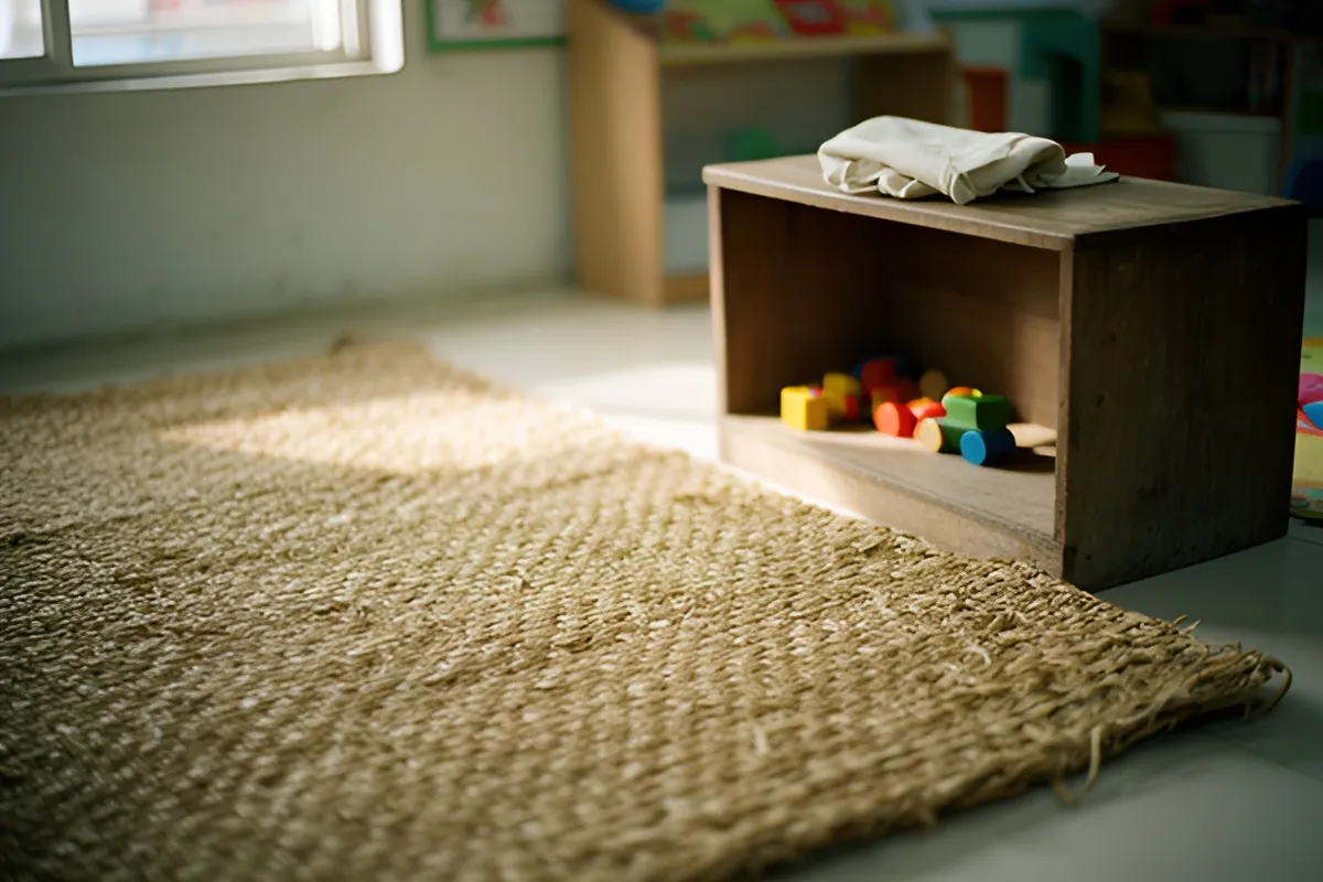 Chiếu cói dệt trải trên nền gạch, cạnh chiếc kệ gỗ mở chứa vài khối đồ chơi màu, trên kệ có mảnh vải trắng gấp
