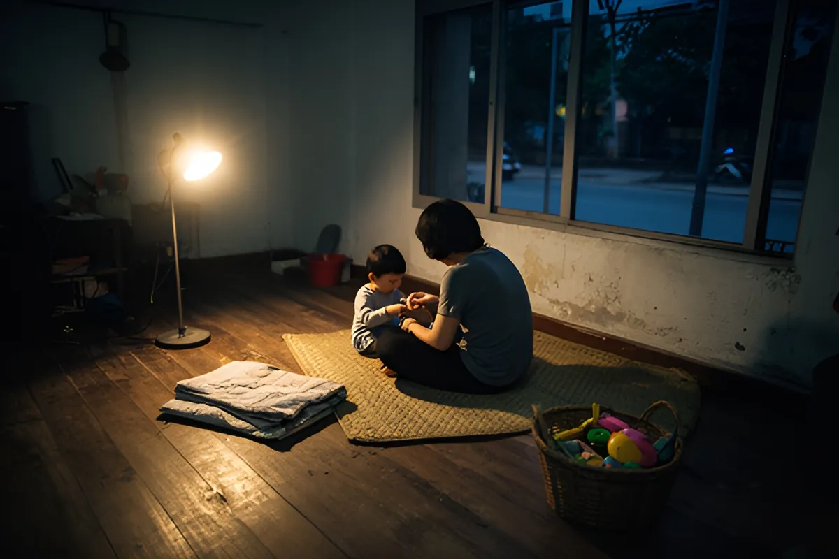 Một người lớn và một đứa nhỏ ngồi đối diện trên chiếu giữa phòng gỗ, tay chạm nhau, cạnh giỏ đồ chơi và đèn sàn sáng