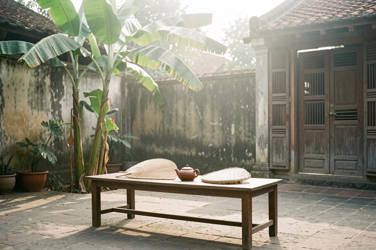 Sân nhà cổ với bàn gỗ thấp đặt quạt tre và ấm đất, cây chuối bên tường rêu, sáng sớm dịu