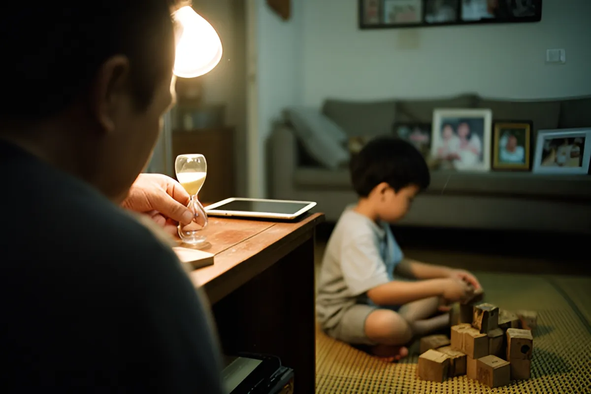 Một người đàn ông nhìn từ phía sau cầm đồng hồ cát đặt lên kệ gỗ cạnh máy tính bảng, một bé trai ngồi chơi gỗ trên chiếu