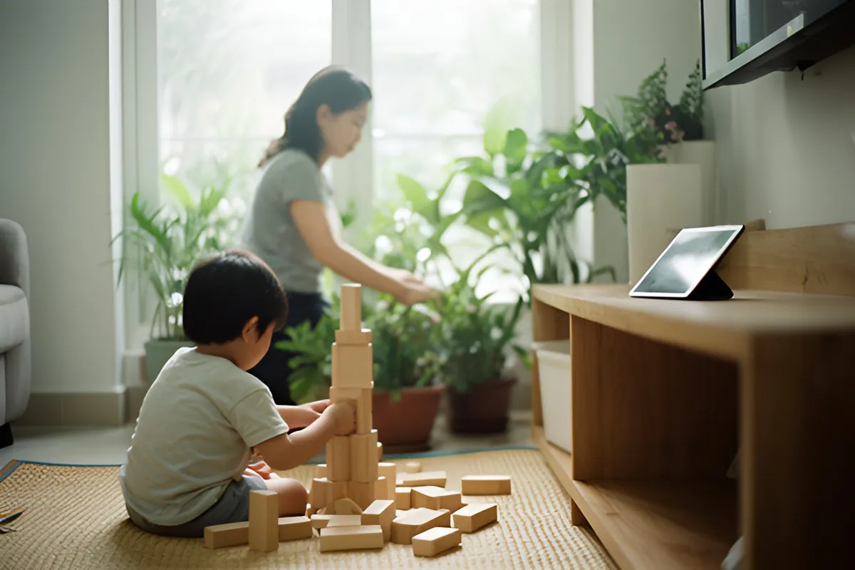 Một bé nhỏ ngồi trên chiếu xếp gỗ, người mẹ tưới cây gần cửa sổ, kệ gỗ có máy tính bảng, phòng khách sáng ngày