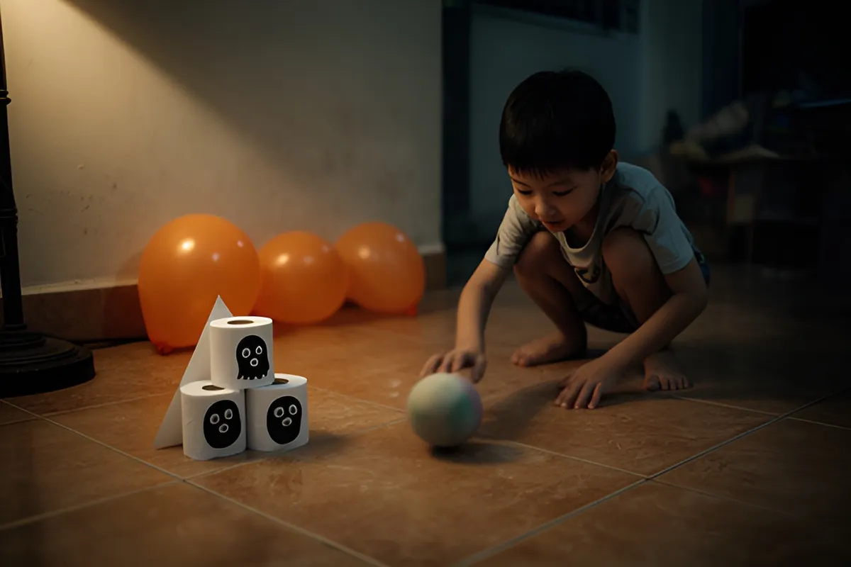 Một bé trai ngồi xổm trên sàn gạch trong phòng khách tối, tay với về quả bóng nhỏ đang lăn