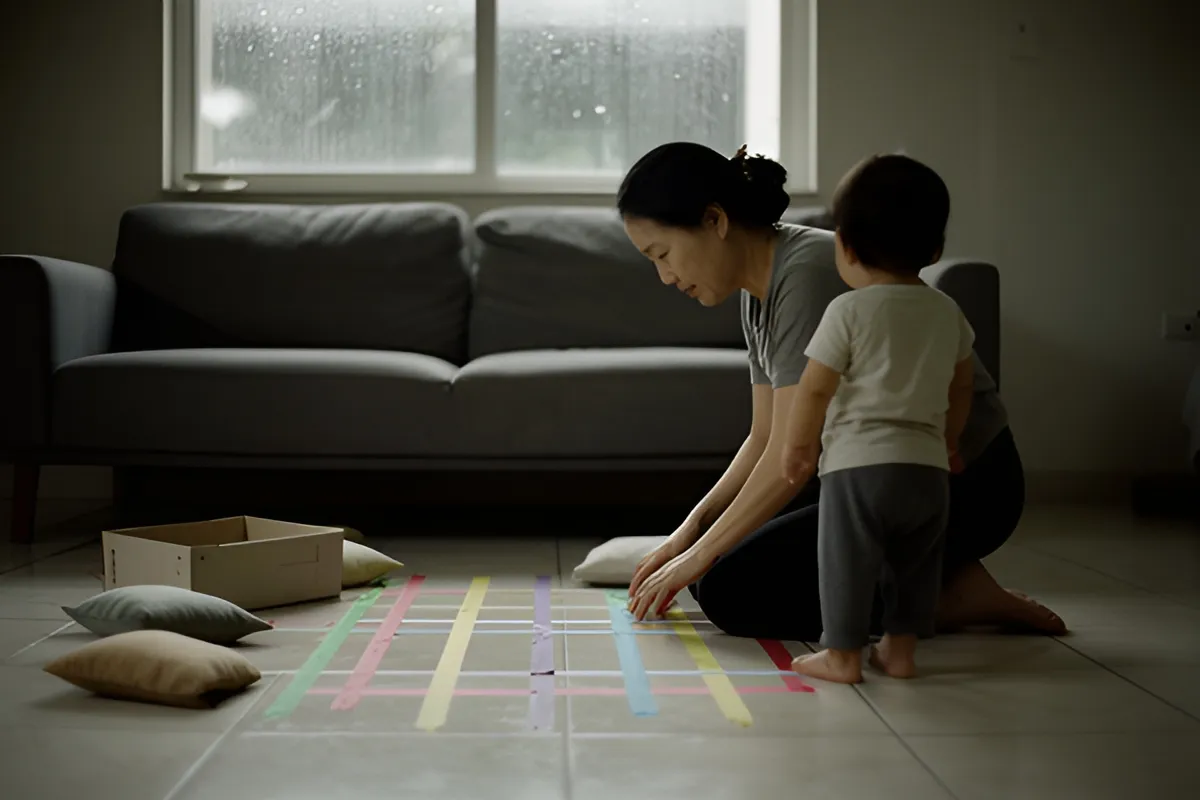 Một người phụ nữ quỳ trên sàn nhà xếp dải băng màu thành ô vuông, một đứa trẻ nhỏ đứng cạnh nhìn xuống