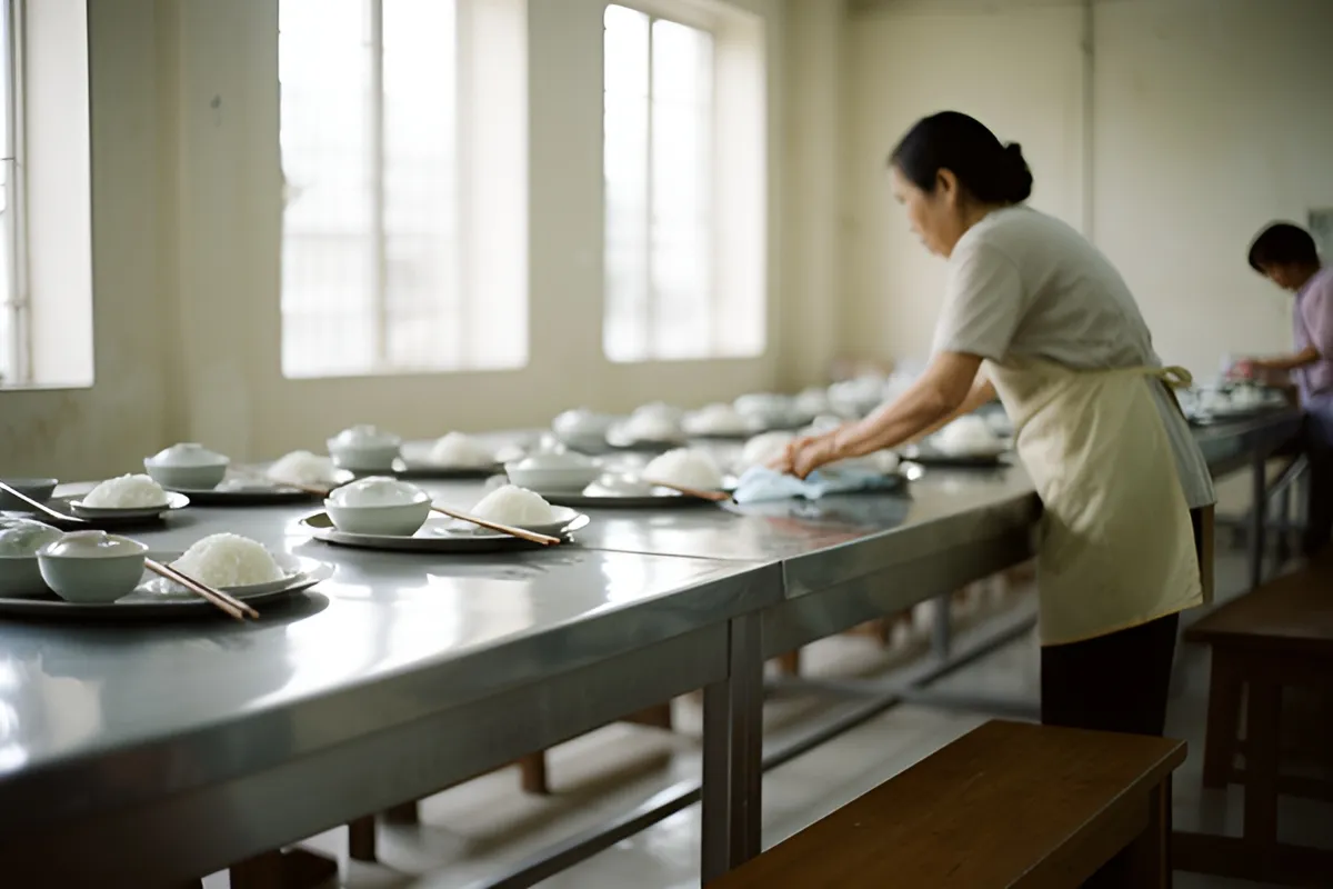 Một phụ nữ đeo tạp dề đang lau bàn ăn dài trong căn tin, trên bàn bày nhiều khay cơm và đũa, xa hơn có một người đang bày đồ