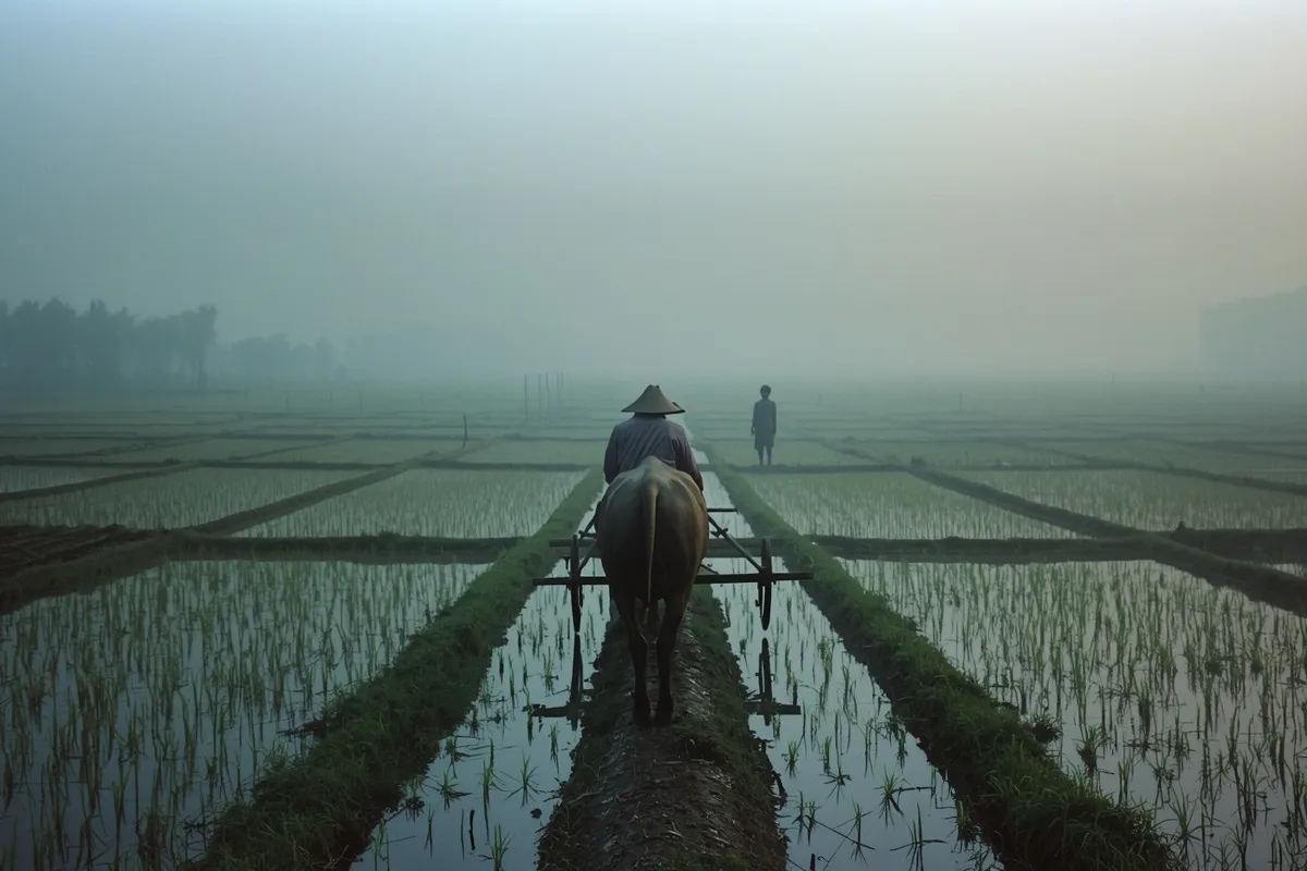 Một nông dân đội nón lá đi sau con trâu kéo cày trên luống ruộng ngập nước, xa xa một đứa trẻ đứng nhìn