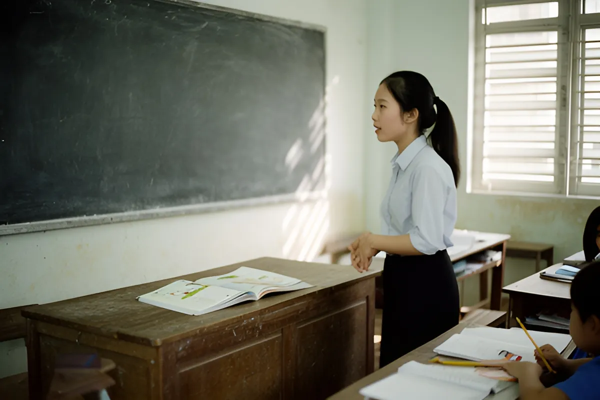 Một cô giáo trẻ đứng cạnh bàn có quyển sách mở, hai học sinh ngồi viết ở bàn gỗ, lớp học có bảng đen và nắng qua cửa sổ