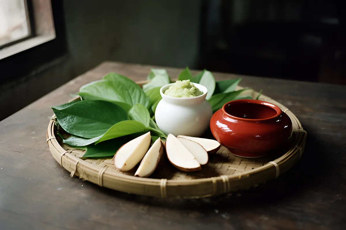 Một chiếc mây tròn trên bàn gỗ tối đặt lá trầu xanh, vài múi cau, một bình trắng và một bát đỏ, cạnh cửa sổ có nắng chiều