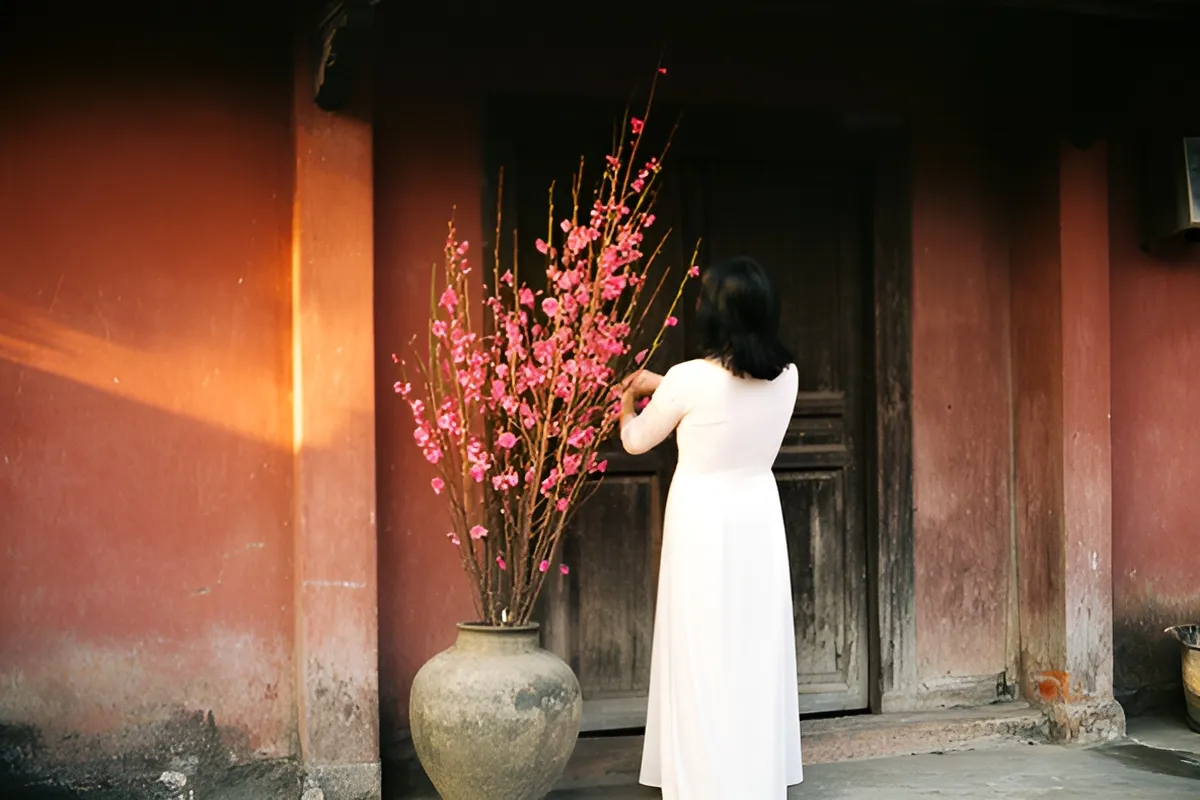 Một người phụ nữ mặc áo dài trắng đứng quay lưng trước cửa gỗ, đang chỉnh nhành hoa đào trong vại gốm, nắng chiều ấm