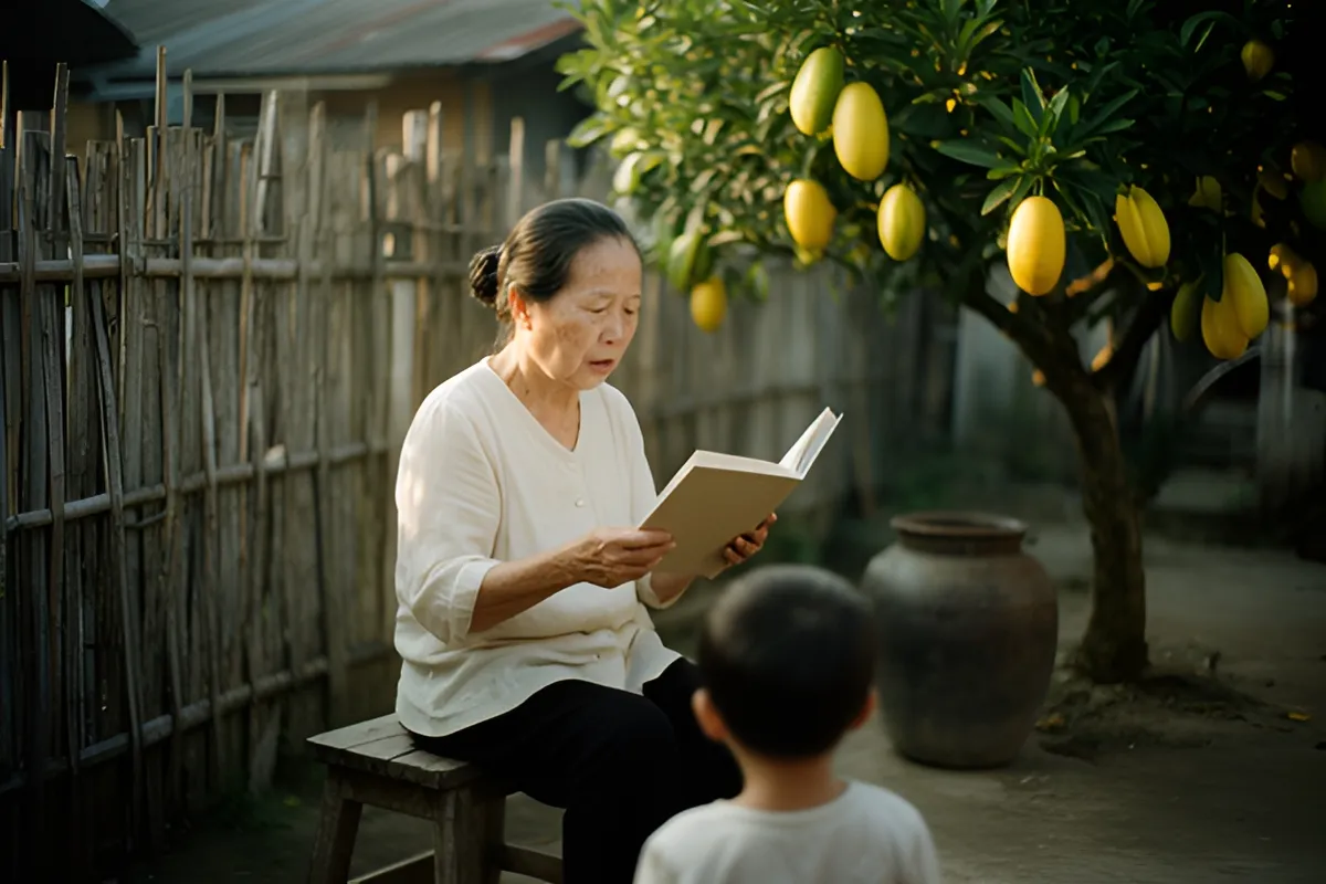 Một phụ nữ lớn tuổi ngồi trên ghế đẩu gỗ trong sân, cầm sách đọc, trước mặt là một đứa trẻ nhìn từ phía sau