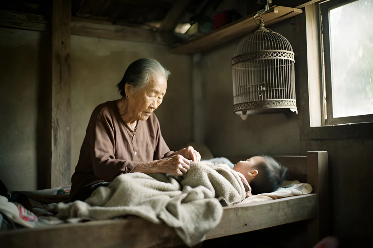 Một bà lão tóc bạc ngồi bên giường gỗ, đang đắp chăn cho một đứa trẻ nhỏ đang nằm ngủ