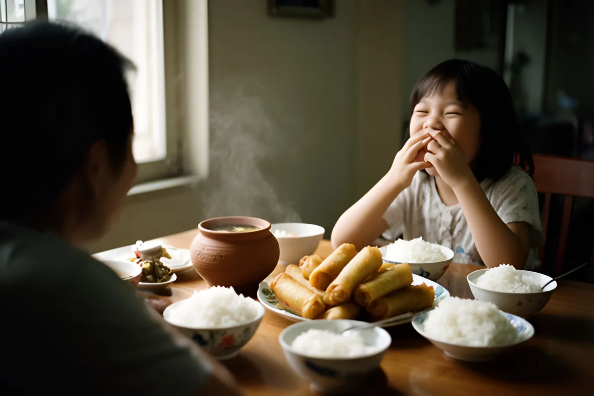 Bữa cơm gia đình với nhiều bát cơm, đĩa nem rán và ấm đất, bé gái cười che miệng, người lớn ngồi quay lưng, ánh sáng chiều ấm