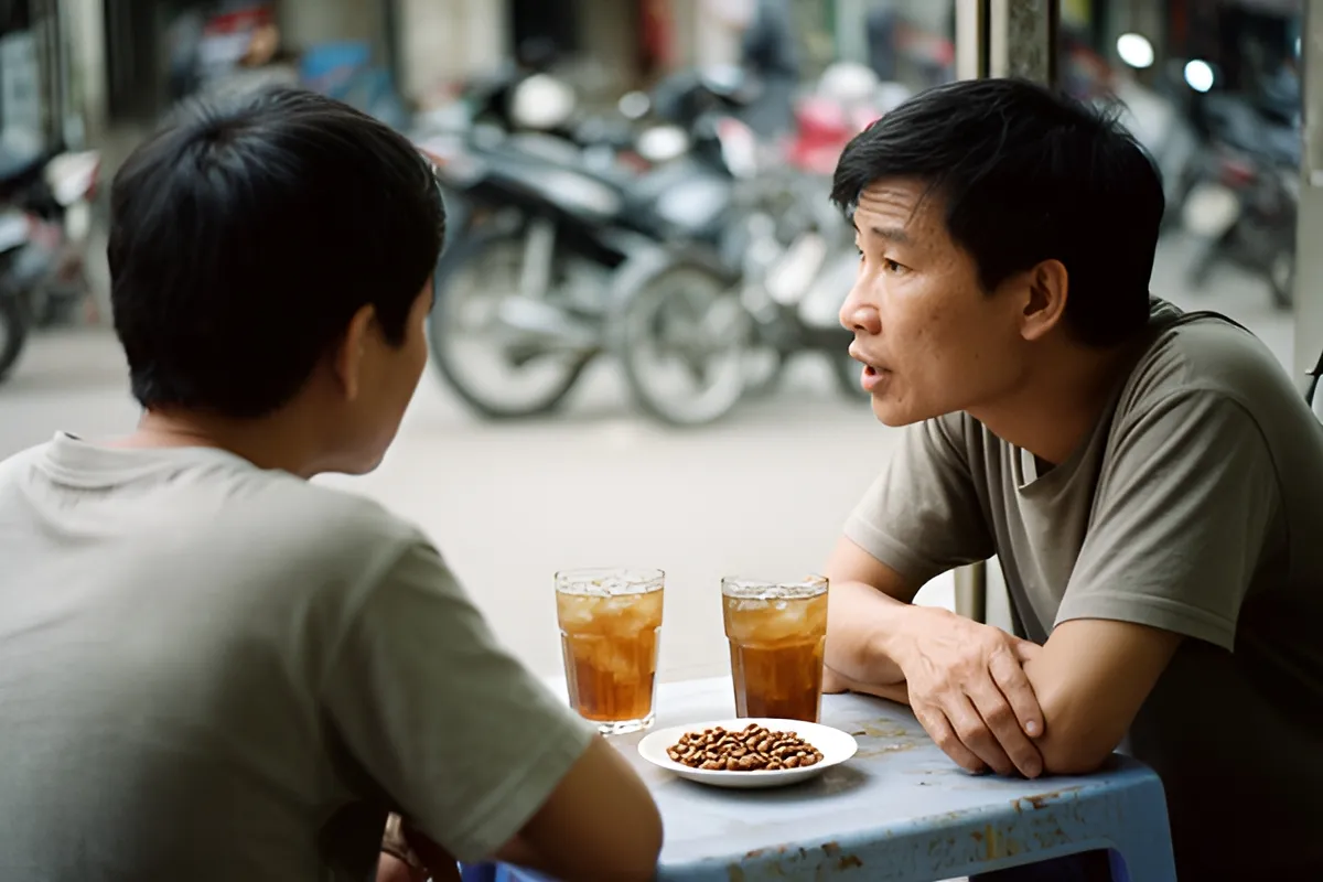 Hai thanh niên ngồi trò chuyện bên bàn nhựa thấp trên vỉa hè, trên bàn có hai ly trà đá và một đĩa hạt rang