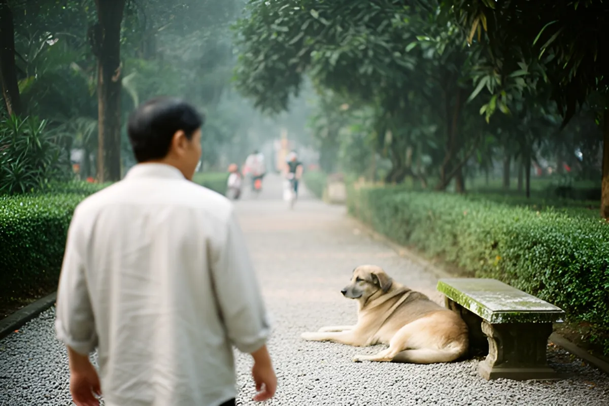 Một người đàn ông áo sáng đi bộ trên lối sỏi trong công viên, quay đầu nhìn về phía con chó vàng nằm cạnh ghế đá