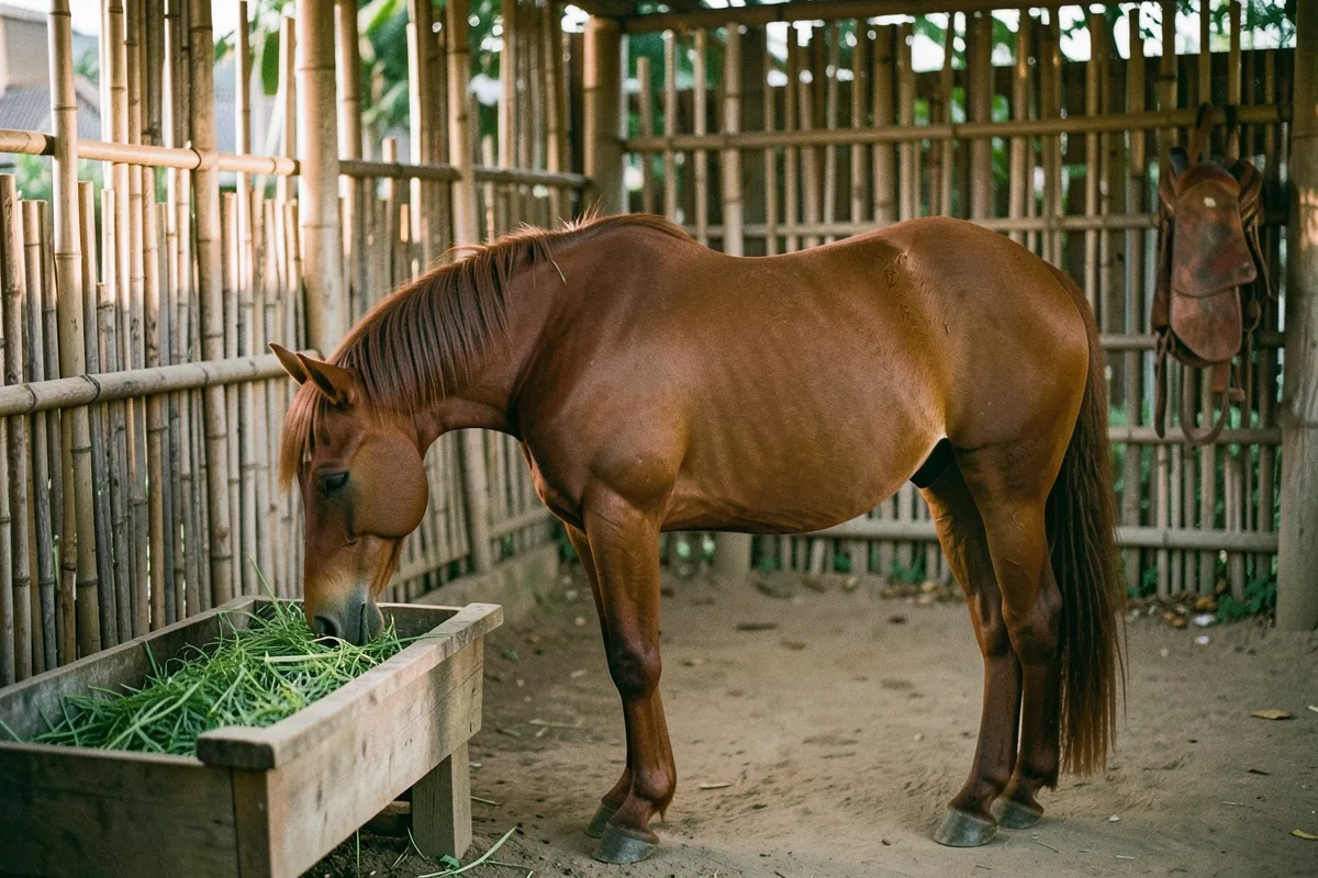 Một con ngựa nâu đang cúi đầu ăn cỏ trong máng gỗ, trong sân chuồng có hàng rào tre và yên ngựa treo trên cột, ánh chiều ấm