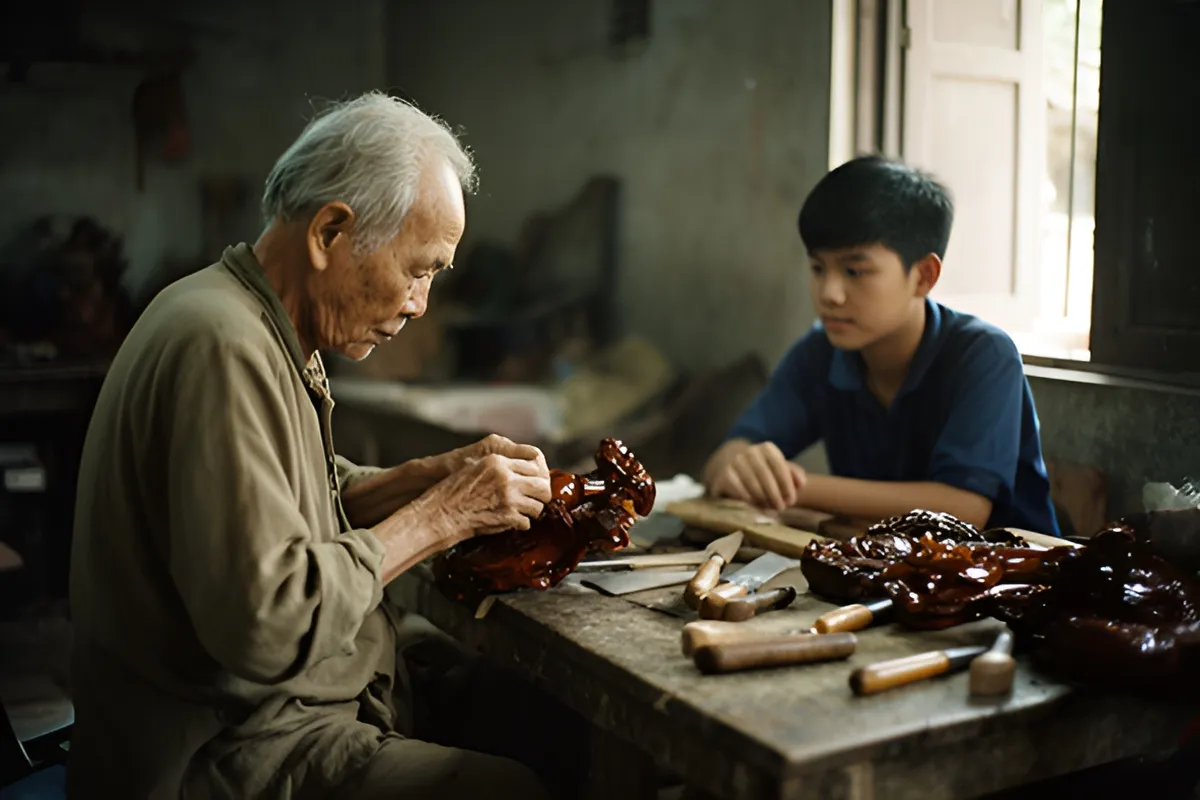 Một cụ già ngồi tỉ mỉ uốn nắn vật gỗ sơn mài trên bàn đầy dụng cụ, cậu thiếu niên ngồi bên cạnh quan sát, ánh sáng cửa sổ